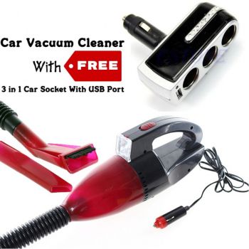 High Power Car Vacuum Cleaner Red with Free 3 in 1 Car Socket With USB Port